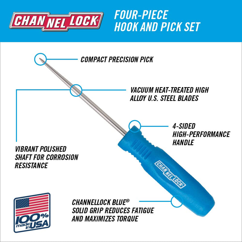 Channellock HP-4A 4 Piece Precision Hook and Pick Set, Useful as Gunsmith Tools, Removing Small Fuses, Wire plugs and o-rings, Heat Treated Alloy Steel Blades for Extended Tool Life, Made in the USA