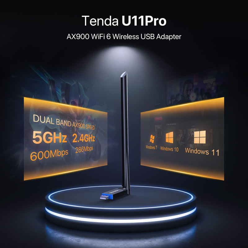 Tenda AX900 WiFi Adapter WiFi 6- Dual-Band 600Mbps 5GHz/ 286Mbps 2.4GHz, 6dBi High Gain Antenna, Wireless WiFi Adapter for Windows 11/10/7 USB WiFi Dongle (U11Pro)