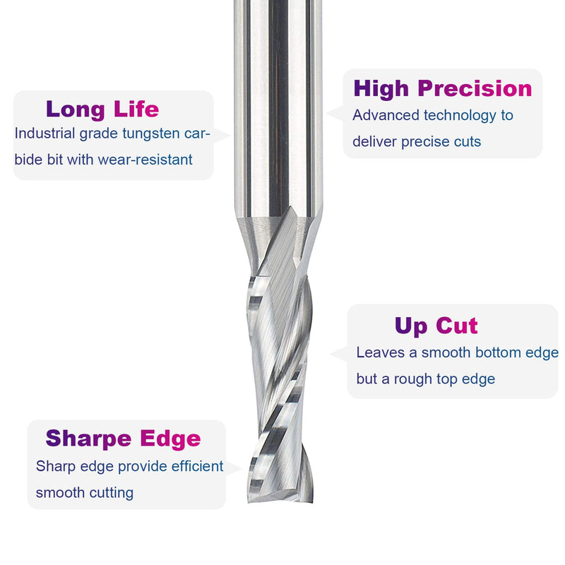SpeTool Spiral Router Bits with UpCut 3/8 inch Cutting Diameter, 1/2 Inch Shank HRC55 Solid Carbide CNC End Mill for Wood Small Cut, Carving 3/8" Dia - 1-1/4" CL UP CUT