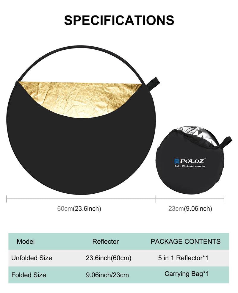 PULUZ 5-in-1 Collapsible Reflector for Photography - 24” (60cm) Light Reflector with Storage Bag Kit for Studio Photography Lighting Outdoor (Silver/Translucent/Gold/White/Black) 24 Inch/60cm