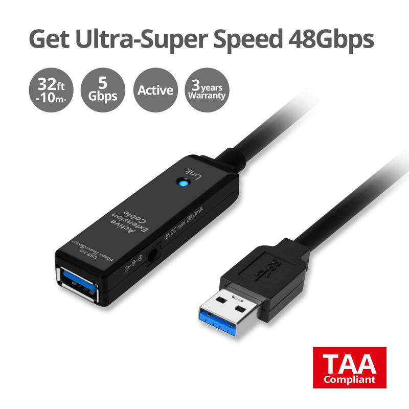 SIIG USB 3.0 Active Repeater Cable 33 Feet, USB Extension Cable for USB Flash Drive, Hard Drive, VR, Printer, Camera (JU-CB0611-S1) 10 Meters