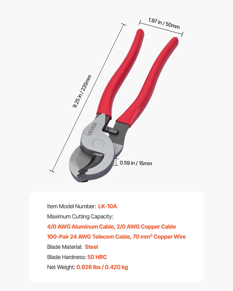 VEVOR High Performance Cable Cutter, 235mm Compact Size with Forged Blades and PVC Coated Handles, for 4/0 AWG Aluminium, 2/0 AWG Soft Copper and 100 Pair 24AWG Communication Cables TYP 4