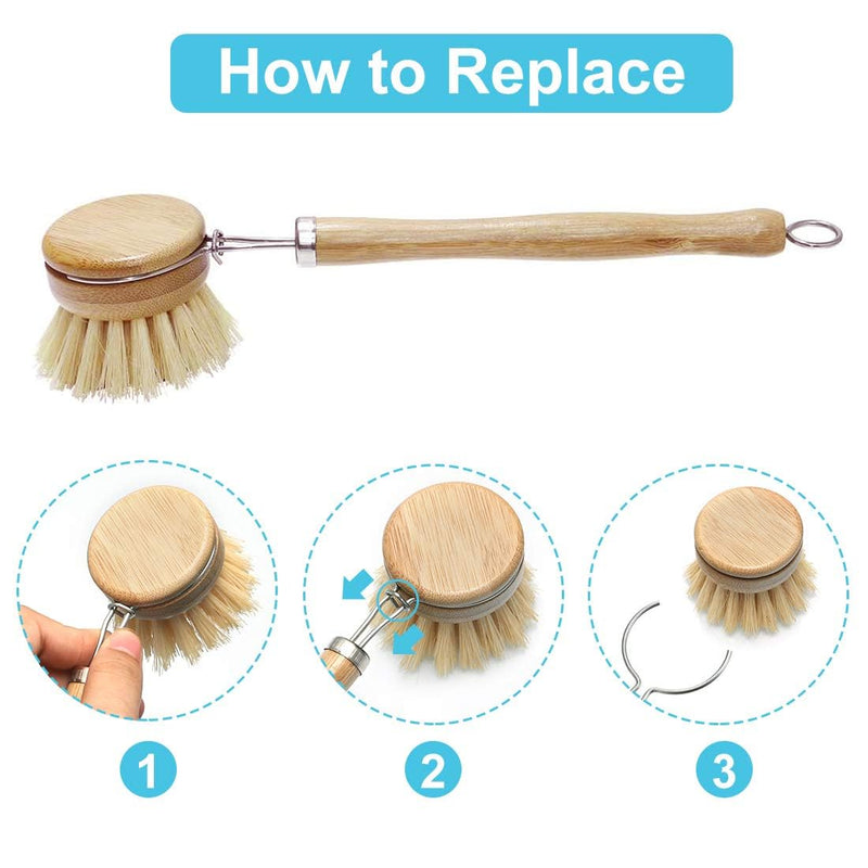 Dish Brush with Wooden Handle, Bamboo Kitchen Cleaning Brush, Natural Dish Scrub Brush for Vegetable, Pots and Pans, Scrubber,Includes 5 Replacement Brush Heads (5Pcs)