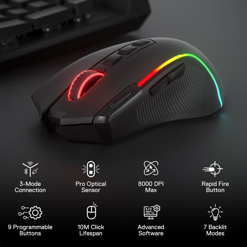 Redragon M612 PRO RGB Gaming Mouse, 8000 DPI Wired/Wireless Optical Gamer Mouse with 9 Programmable Buttons & 7 Backlit Modes, BT & 2.4G Wireless, Software Supports DIY Keybinds Rapid Fire Button Black