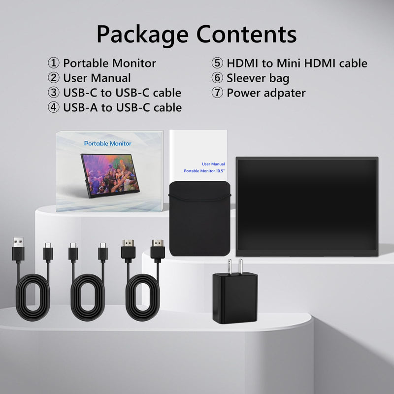 Portable Monitor for Laptop, 10.5" Screen Extender 1920x1280P IPS Travel Monitor 3:2, 500nits, 2000:1, w/45° Adjustable Stand, Standard HDMI USB-C Computer Display for Laptop PC Phone Mac PS4 Xbox 10.5" 1280P