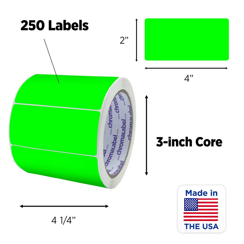 ChromaLabel 2 x 4 inch Permanent Color Code Rectangle Labels, 250 Stickers per Roll, Fluorescent Green