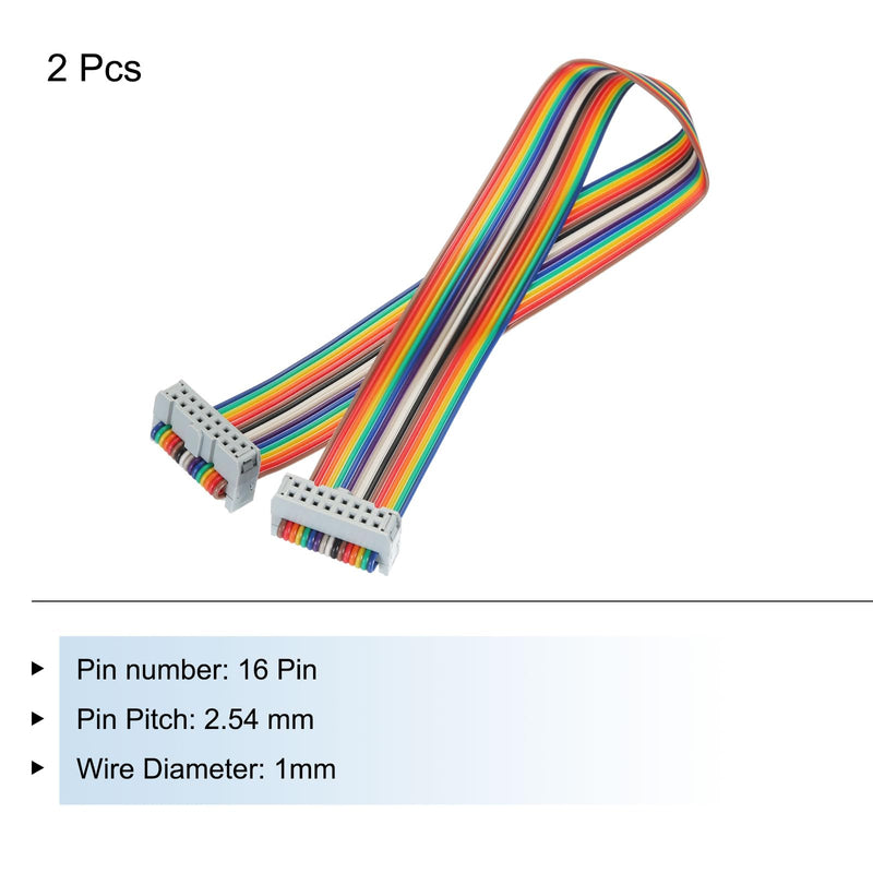 MECCANIXITY 2 Pcs 16 Pin Flat Rainbow Ribbon Cable FC/FC Female Connector 1FT 2.54mm Pitch Breadboard Jumper Wires for Electronic Projects