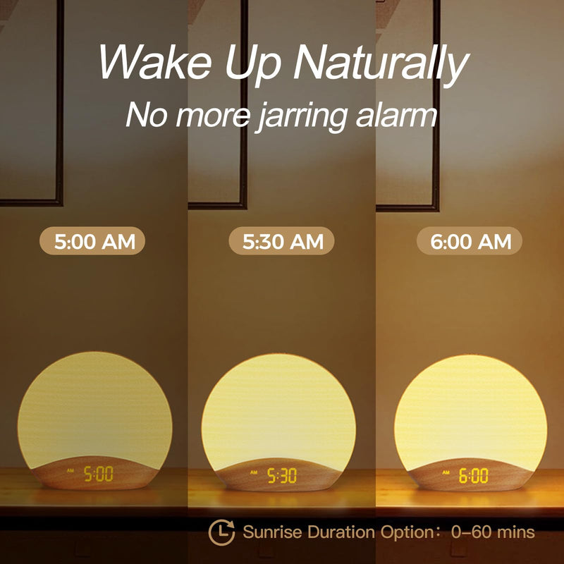 HOUSBAY Wood Grain Sunrise Alarm Clock- Natural Wake Up Light, FM Radio, Bluetooth Speaker, Dimmable Nightlight & Display- Soothing Morning Routines