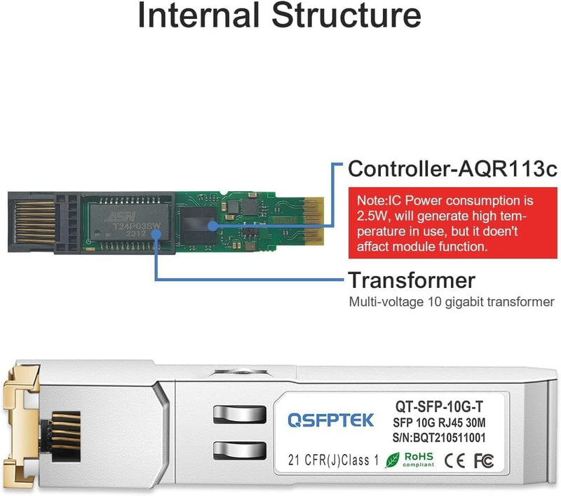 QSFPTEK 10GBASE-T SFP+ to RJ45 Module, 10Gb Ethernet Copper RJ-45, 10 Gigabit Mini gbic Networking Transceiver Compatible with HPE BladeSystem 813874-B21, up to 30m