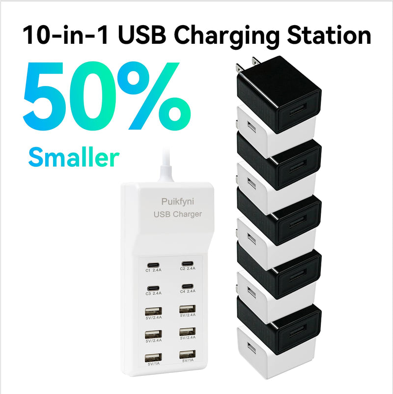 Portable USB and USB C Charging Station,USB-C 4-Ports, Hub 10-Ports USB Charger Dock for Multiple Devices Phones Tablet Smartwatch Headphones Speakers (Ivory USBC) Ivory USB-C