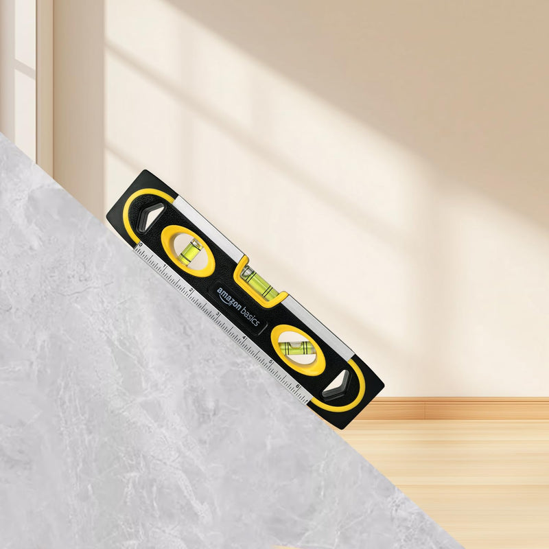 Amazon Basics Magnetic Torpedo Spirit Level and Ruler Spirit Level Solder / Spirit Level / 180-90-45 Degree Bubbles 22.8 cm (9 inches), Black, Yellow