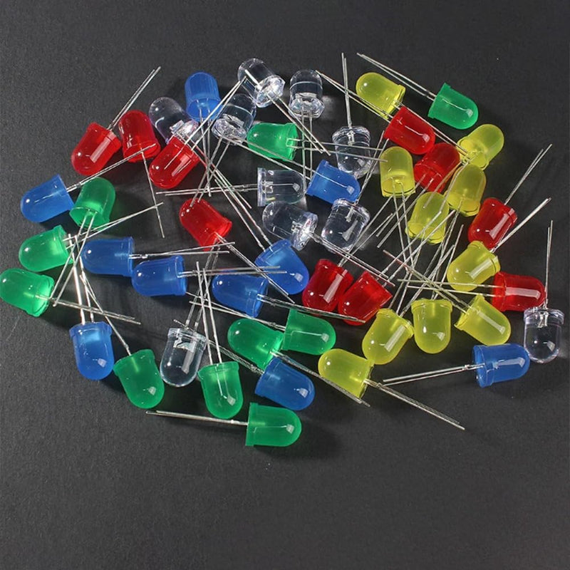 50 Pieces 10 mm Light Emitting Diodes Set Pack of 5 Colours 10 Pieces per Colour LED Light Diode Red Blue Green Yellow White LED Light Diffuse Diodes 2 Pin Round Head LED Diodes Assortment Kit 5 Colours X 10 Pieces=50 Pieces