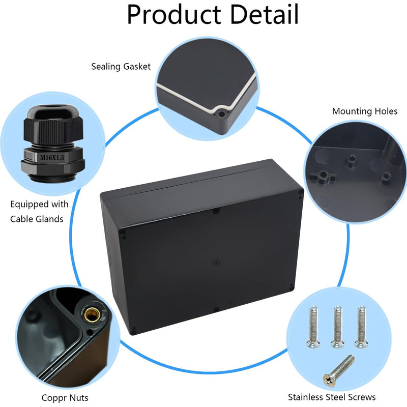 Junction Box IP65 Waterproof ABS Plastic Electrical Project Case Power Junction Boxes, Project Box with 4 PCS M16 Cable Glands 11.42x8.27x3.94 inch (290 x 210 x100 mm) 11.42“x8.27”x3.94“ Black