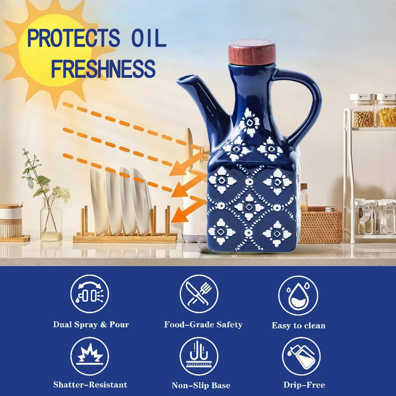 Ceramic Olive Oil Dispenser Bottle 8.5 oz – Decanter for Kitchen with Handle & Wooden Stopper, Decorative Oil and Vinegar Dispenser Set, Cooking Oil Container Cruet for Olive, Avocado, Vinegar, Jar BLUE - 8.5 oz