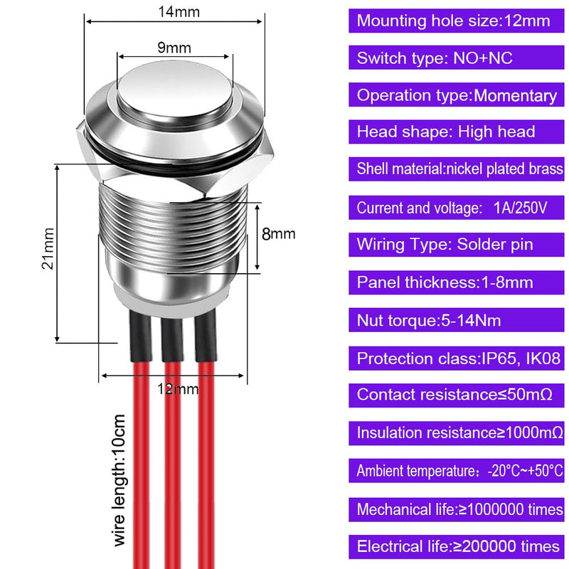 Formed 2 Pieces Prewired 12mm Waterproof Momentary Metal Push Button 3 Pin NO/NC Push Button ON/OFF 1A 12V/24V/125V/250V AC (High Head) 12 mm - Momentary - NO/NC - With Cable - High Head