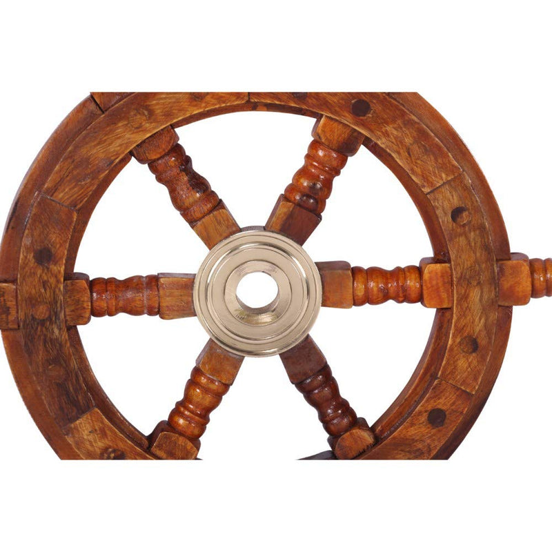 TUP THE URBAN PORT 12" Teak Wood Ship Wheel with Brass Inset and Six Spokes, Brown and Gold 12" Inch