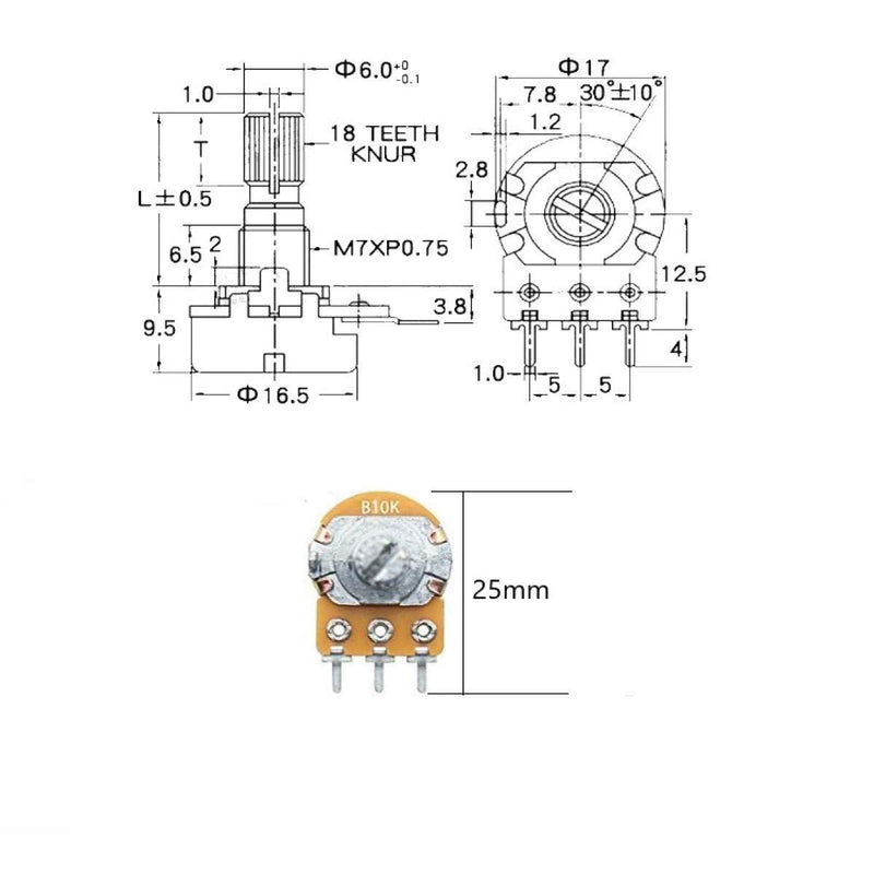 GTIWUNG Potentiometer Mono Linear B5K B10K B20K B50K B100K, 20 pieces. Single potentiometer, WH148 3-pin rotary potentiometer with nuts and washer T244