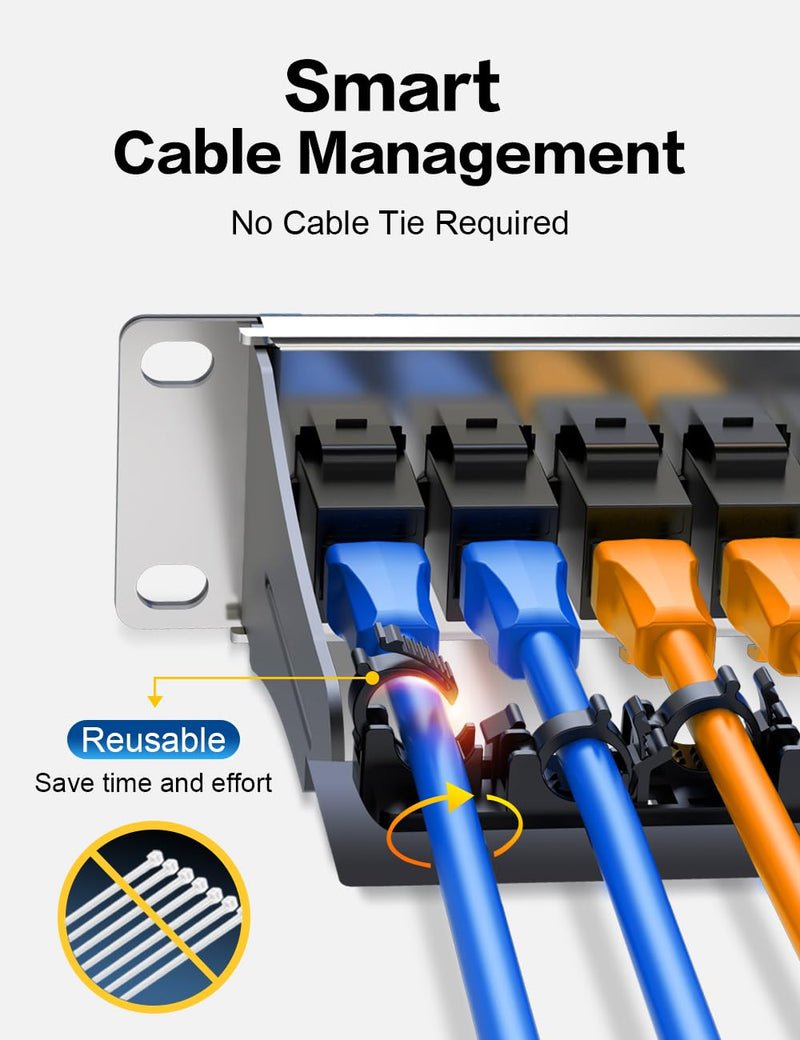 24 Port Patch Panel Cat6 Keystone Patch Panel UTP 1U Network Patch Panel with Smart Cable(No Cable Tie Required) Management for 19inch Rackmount 24Port Cat6 Keystone Patch Panel