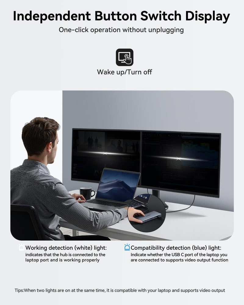 ZMUIPNG USB C Docking Station Dual Monitor 15 in 1 Laptop Docking Station Triple Display USB C Hub Multiple Adapter Dongle with 4K HDMI+VGA+USB Port+Button+PD+Ethernet for Dell HP Thinkpad Surface Grey 15 IN 1 Docking Station