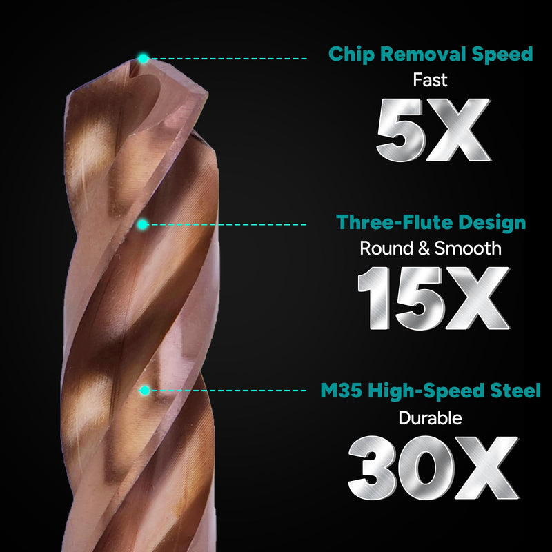 3-Flute Cobalt Drill Bit Set, M35 Metal Drill Bits for Metal and Steel, 3-Flats Shank, 135 Degree Split Point, for Hardened Steel, Stainless Steel, 21-Piece, 1/16"-1/2" 1/16 - 1/2 in (21pcs)