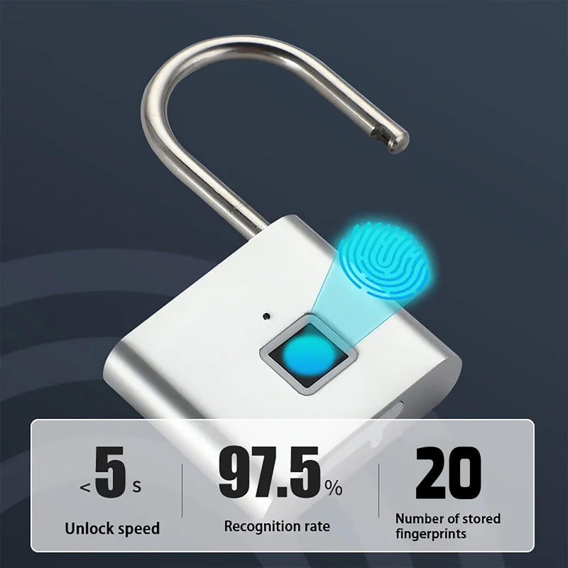 Fingerprint Padlock, Locker Lock, Keyless Biometric Padlock Fingerprint Lock Combination Gate Locks for Outdoor Storage Gym Lock USB Rechargeable - Silver Silver with 20 Fingerprint