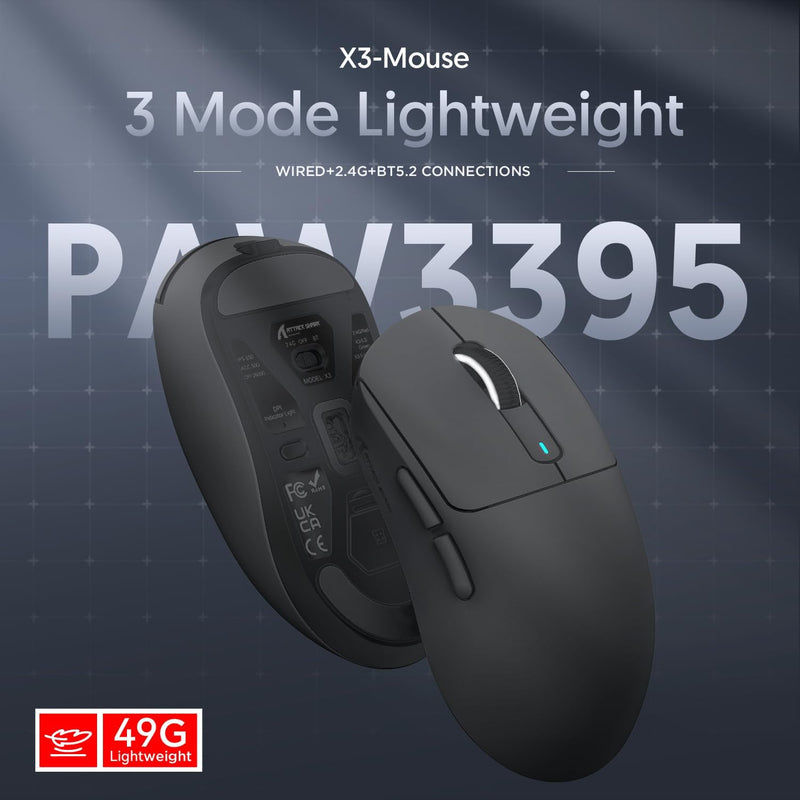x Attack Shark X3 Wireless Gaming Mouse, 49g Ultralight, PixArt PAW3395 26000 DPI, Bluetooth/2.4Ghz /Wired Tri-Mode, 200Hrs Rechargeable Battery, Kailh GM8.0 Switch for PC/MAC/Win - Black