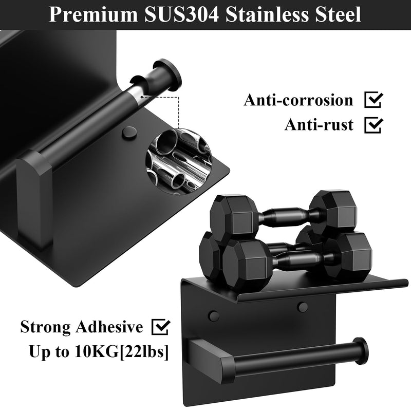 Tindbea Mega Size Toilet Paper Holder with Shelf + Towel Robe Hooks, Adhesive or Screw Wall Mounted Toilet Paper Roll Holder, Stainless Steel Bathroom Hardware Set (Matte Black)… Large Matte Black