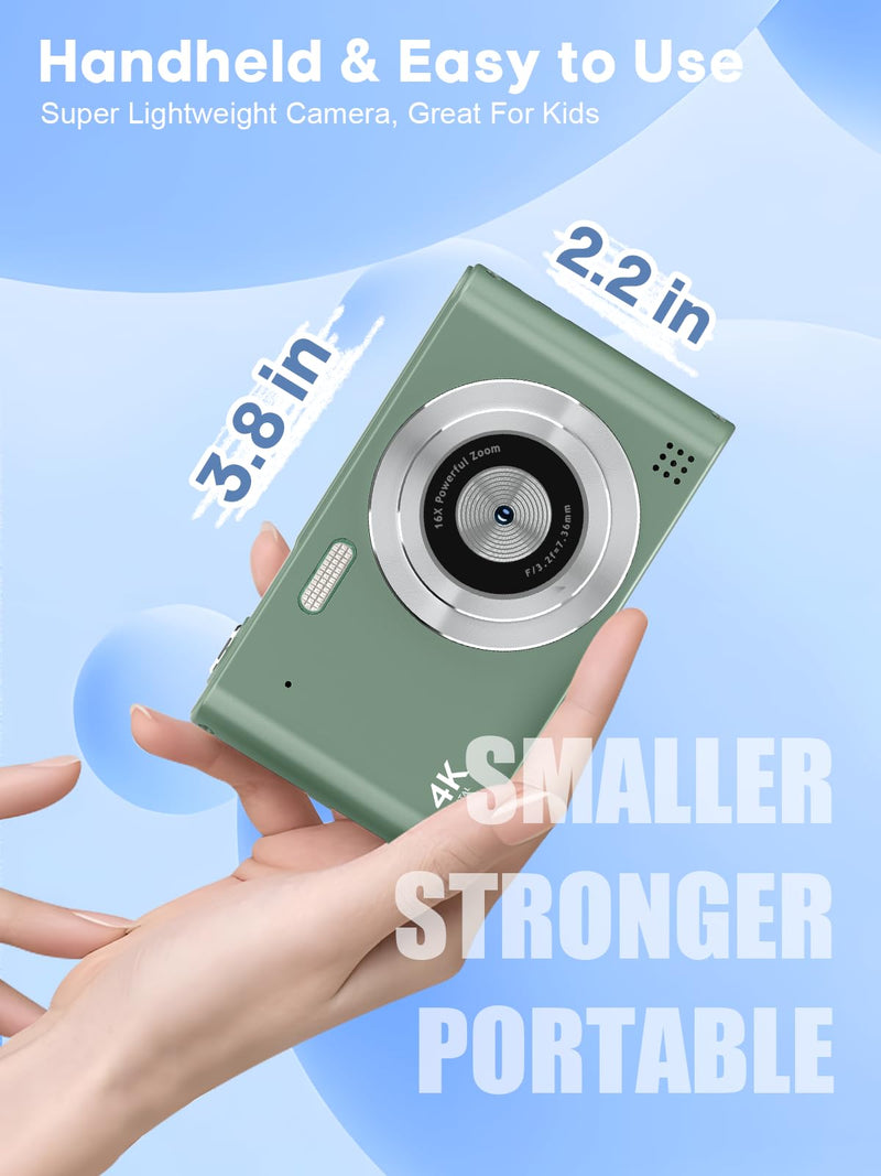 Digital Camera, 44MP Full HD 1080P Point and Shoot Camera with 64GB Card, Anti Shake 16X Zoom Compact Volg Cameras, Portable Small Camara Gift for Kids, Ages Teen Girl Boy - Green