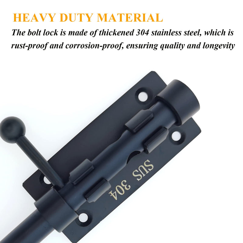 8in Slide Bolt Gate Latch 304 Stainless Steel Barrel Bolt Latch Heavy Duty Door Security Lock Thickened Door Latches Hardware with Mounting Screws for Barn Fence Shed Basement 8in Black