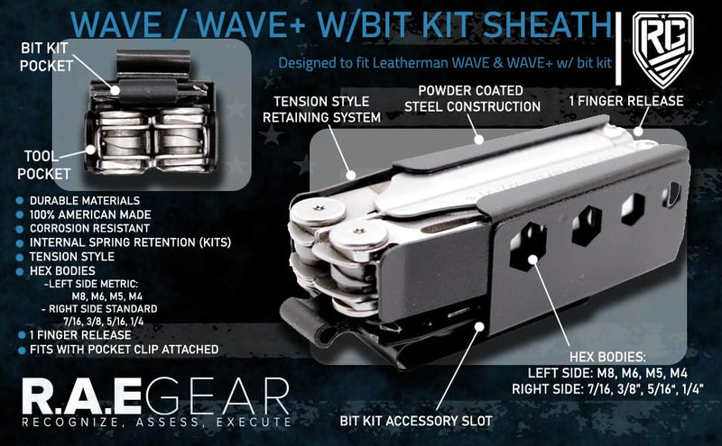 Wave Plus/New Wave Sheath Compatible with leatherman - DESIGNED BY RAE GEAR (1.5" BELT CLIP WITH BIT KIT POCKET) 1.5" BELT CLIP WITH BIT KIT POCKET