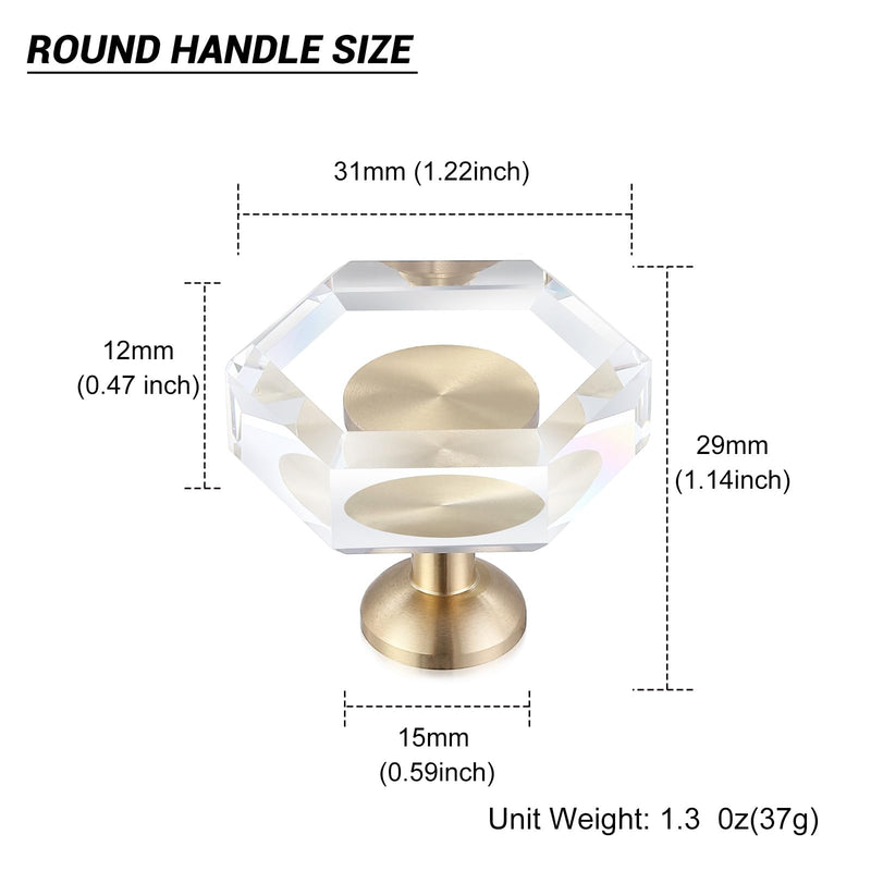 Guank 12-Pack Brass Base Crystal Drawer Knobs, Glass Crystal Gold Cabinet Knobs, 1-5/16-Inch Hexagon, Kitchen Hardware Pulls, Modern Bathroom Hardware Knob 12 Pack hexagonal-1.2inch