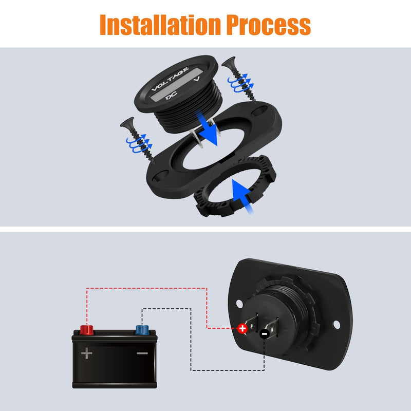 DC 12V 24V Car Voltmeter with LED Digital Display and Mounting Plate, Waterproof Voltage Gauge Meter with Terminals for Boat Marine Vehicle Motorcycle Truck, Round Voltage Gauge Meter with Red Light Red with panel