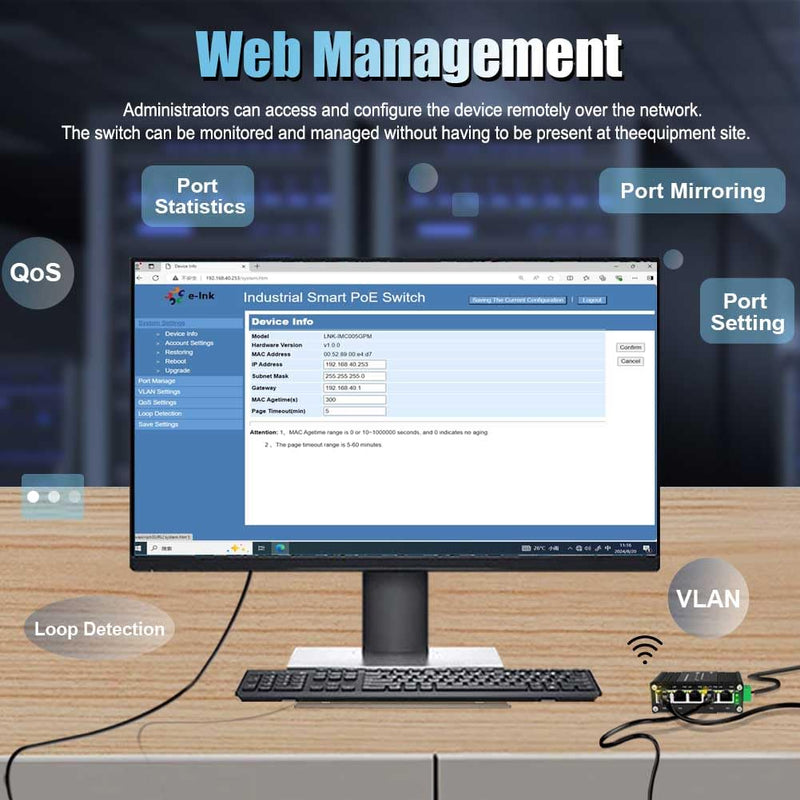Industrial Managed 5 Port PoE Ethernet Switch, Mini Gigabit Networking Switch with Web Management, Supporting Din-Rail Managed 5-port PoE