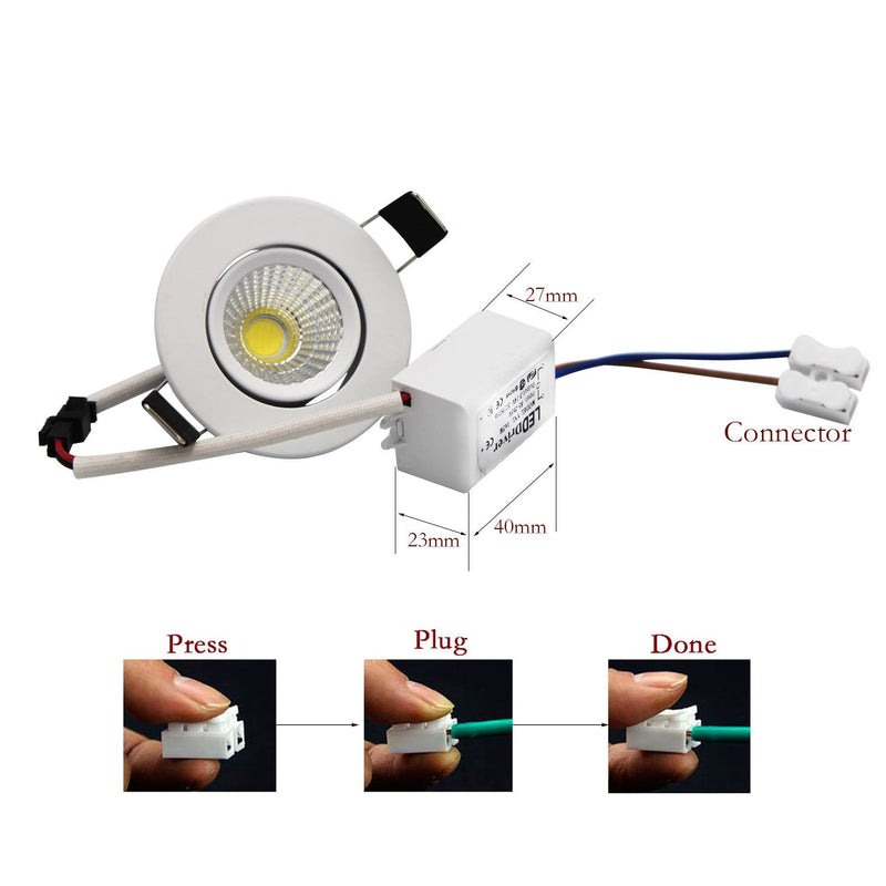 Recessed Downlight 110V Dimmable 3WCOB CRI80 Spotlight Lamp Daylight 2 Inch Adjustable Angle Lighting Kits 5000K-5500K Ceiling Lights Pack of 4 With LED Driver Daylight White(5000-5500K)