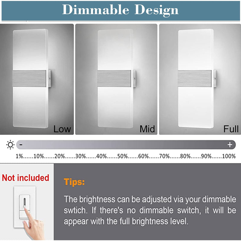 Lightess Modern Wall Sconce Dimmable 12W, Up Down Wall Lights Acrylic LED Wall Lamp for Hallway Bedroom Corridor, Cool White, HS521-1