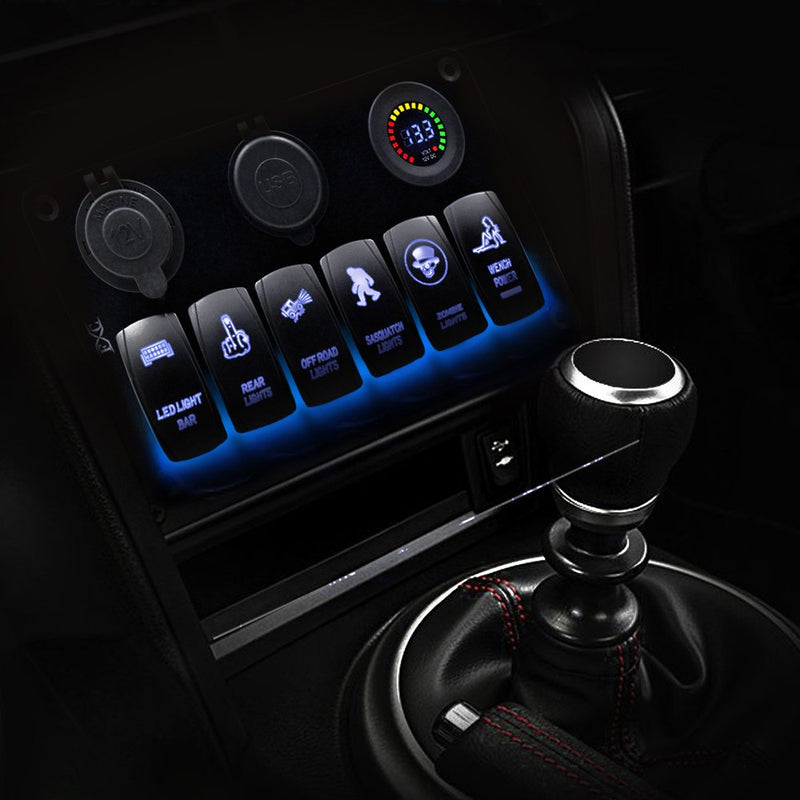 FXC Waterproof Marine Boat Rocker Switch Panel 6 Gang with 4.2A Dual USB Slot Socket + Cigarette Lighter + Voltage Monitor Alarm LED Light for Car Rv Vehicles Truck