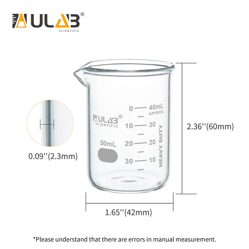 ULAB Scientific Glass Beakers Shot Glass, Vol. 50ml, 3.3 Borosilicate Griffin Low Form with Printed Graduation, Pack of 12, UBG1013 Vol.50ml,Pack of 12