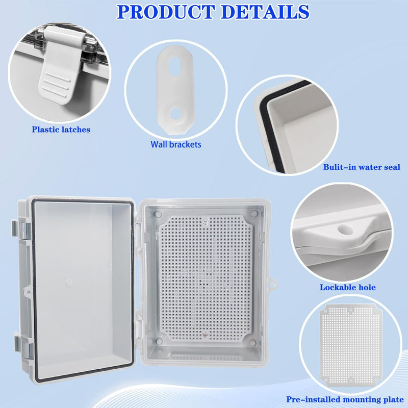 Waterproof Outdoor Electrical Box Junction Box Weatherproof IP67 ABS Plastic Enclosure Switch Router Project Box with Mounting Plate with Wall Bracket 2 Cable Glands Grey 8.7"x6.7"x4.3" 2PCS 8.7" x 6.7" x 4.3" 2pcs