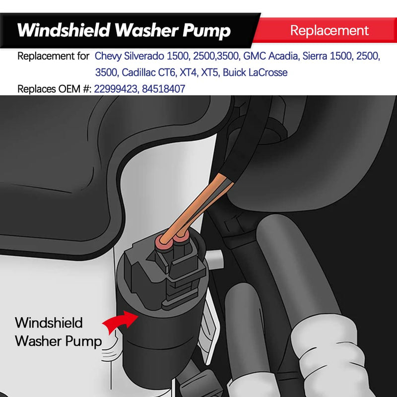 Front Windshield Washer Pump w/Grommet Replacement for Chevy Silverado 1500, 2500,3500, GMC Acadia, Sierra 1500, 2500, 3500, Cadillac CT6, XT4, XT5, Buick LaCrosse Replaces OEM 22999423, 84518407
