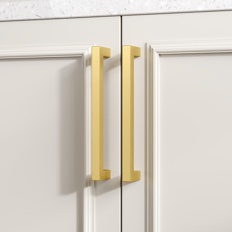 goldenwarm 10 Pack 5 inch Gold Cabinet Pulls Brushed Brass Drawer Handles Modern Square Stainless Steel Hardware Pull for Kitchen Cupboard Dresser 5 Inch Hole Center