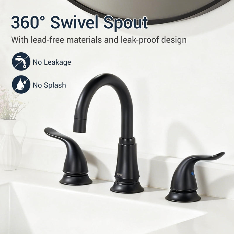 KPW Matte Black Bathroom Faucet 3 Hole, 8 Inch Widespread Bathroom Sink Faucet with Pop-up Drain Assembly and Supply Lines, Two Handle for Lavatory, Restroom