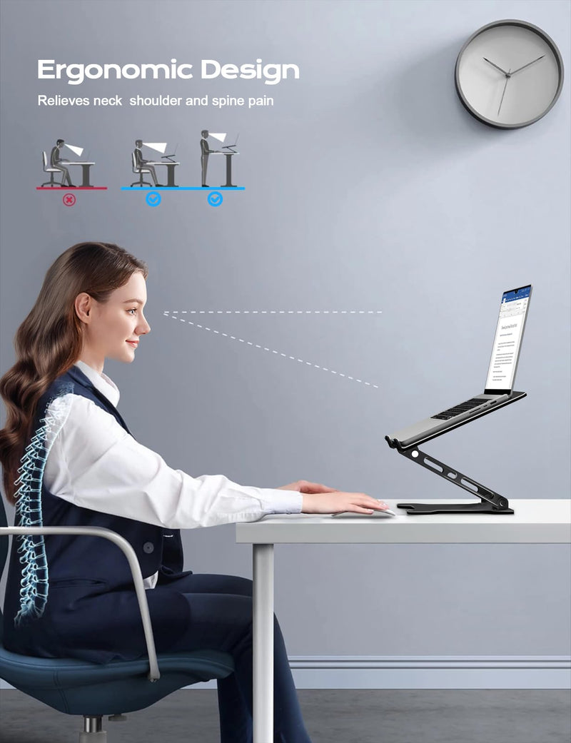 Adjustable Laptop Stand for Desk, Metal Foldable Laptop Riser, Ventilated Cooling Bracket, Ergonominc Computer Notebook Stand for Desk Compatible with 10-15.6“ Laptops Classic Black
