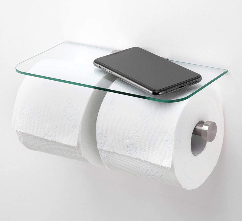 JackCubeDesign Double Toilet Paper Holder with Glass Shelf, Wall Mount Stainless Steel Dual Tissue Dispenser Holders for Bathroom (Glass Type2) - MK428D Glass Type2