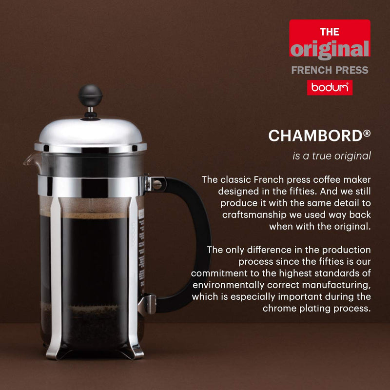 Bodum 34oz Chambord French Press Coffee Maker, High-Heat Borosilicate Glass, Stainless Steel, Black – Made in Portugal 34 oz