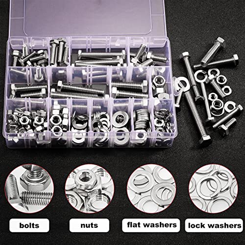 CO-RODE 236PCS 1/4-20, 5/16-18, 3/8-16 Heavy Duty Bolts and Nuts Assortment Kit,SAE Flat Washers, Lock Washers,304 Stainless Steel,10 Most Common Sizes