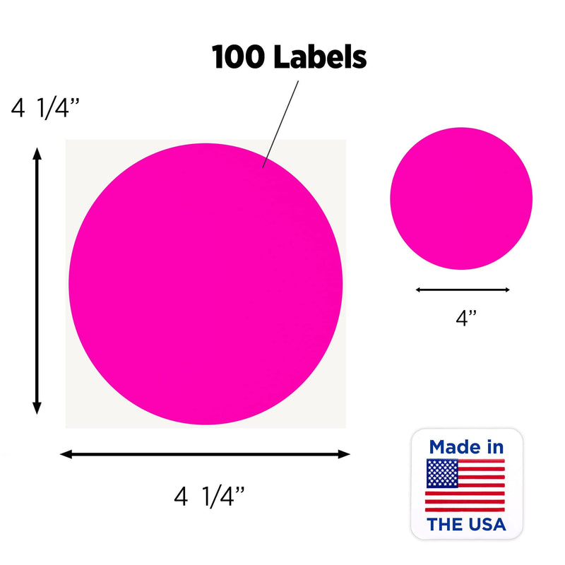 ChromaLabel 4 Inch Round Label Permanent Color Code Dot Stickers, High Visibility for Warehouse Inventory, 100 Labels per Pack, Fluorescent Pink