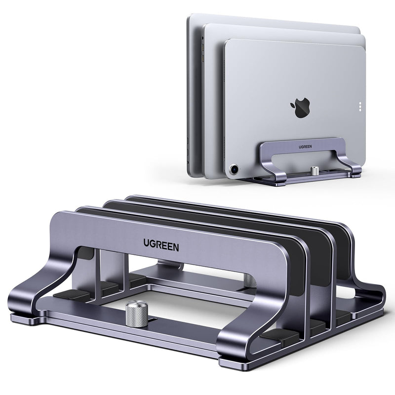 UGREEN 3-Slot Vertical Laptop Stand Holder Desk Compatible with MacBook Pro Air Laptop Stand Desktop Adjustable, Lenovo Ideapad, Surface Book, HP Notebook, Dell Chromebook Up to 17.3 Inch, Space Gray