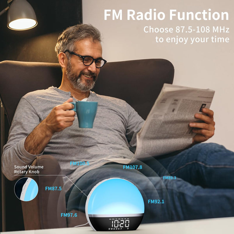 FM Radio Sunrise Alarm Clock Sound Machine Wake-Up Light Sunrise Sunset Simulation Adjustable Volume Brightness Sleep Aid 13 Colors 23 Sounds 28 Tunes Snooze Dual Alarm 4 Timers