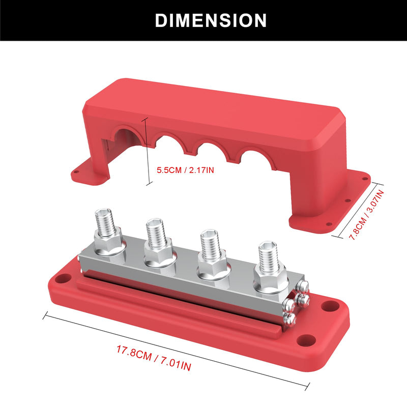 600A Bus Bar 12V Power Distribution Block with 3/8" (M10) 4-Posts Heavy Duty Terminals Block with Cover for Automotive, Marine, Battery System (Red) 3/8" - Red