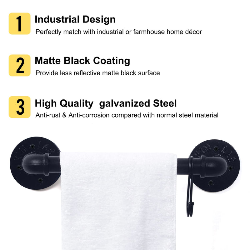 HouseAid 9 Inch Industrial Pipe Towel Bar, Farmhouse Iron Hand Towel Holder, Vintage Style Towel Rod for Bathroom, Wall Mounted, Matte Black (Hook Included) 9 inch (Black)